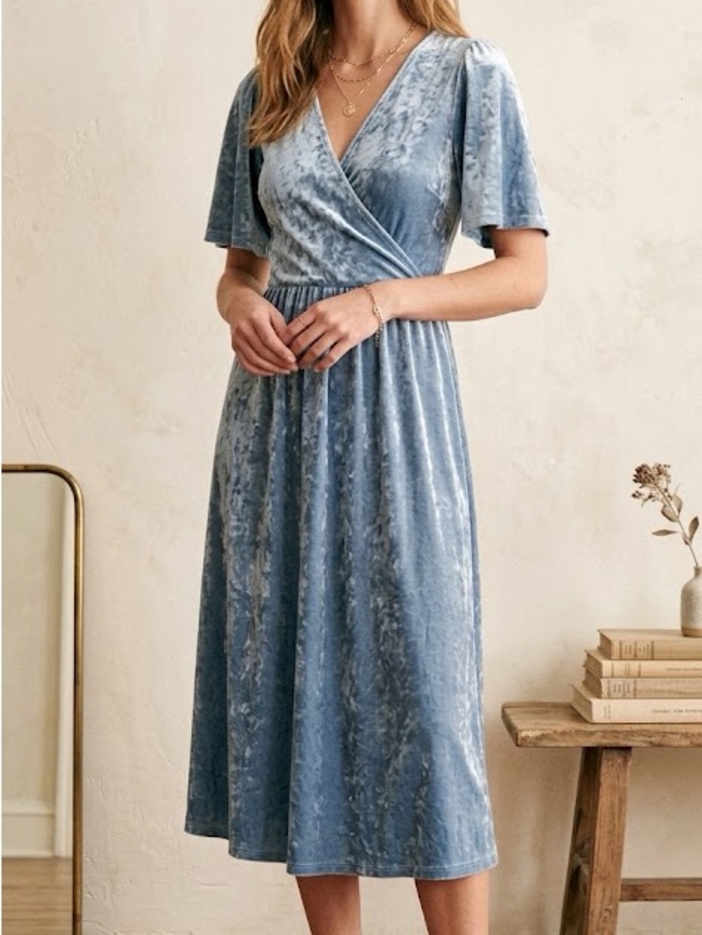 tea n rose Classy Vintage Inspired Elegant Baby Blue Velvet Faux Wrap Midi Dress